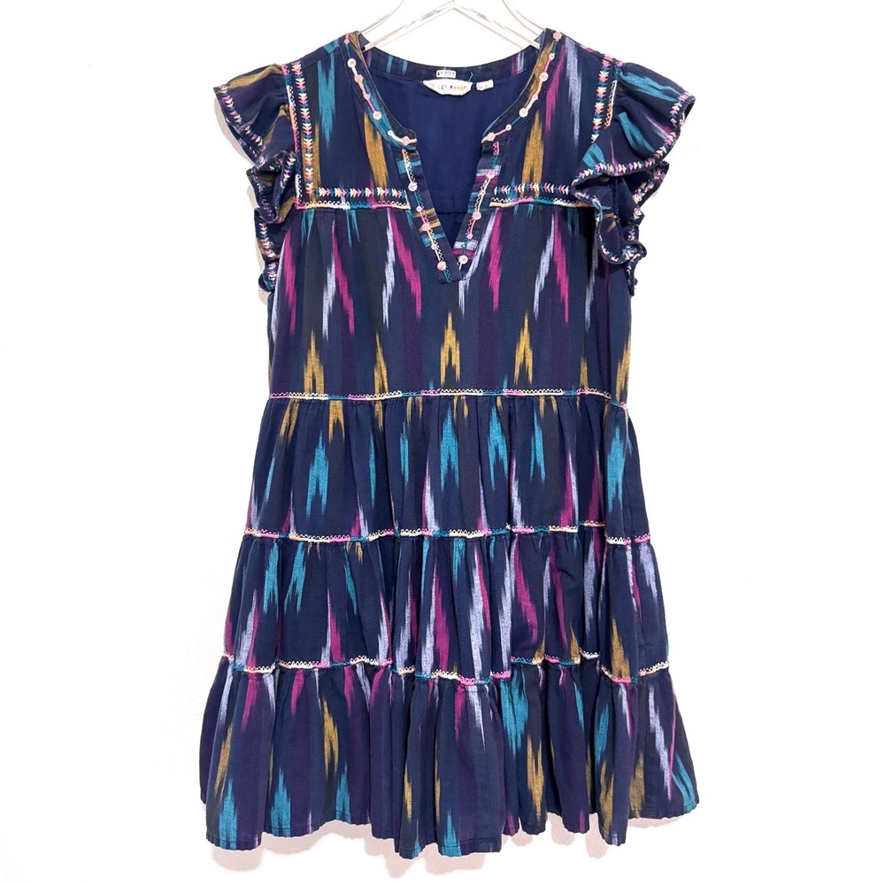 Roller Rabbit Pippa Ikat Mini Dress Navy Blue Multi Ruffle Tiered Cotton Boho